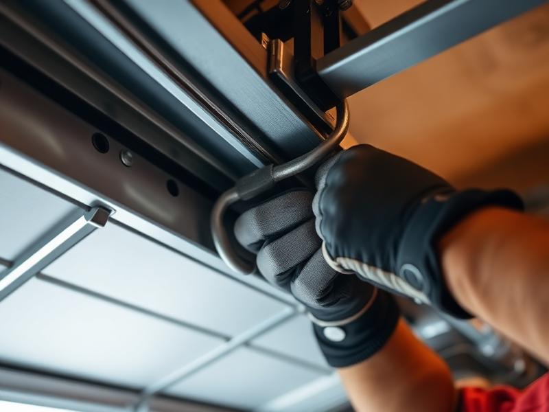 Professional garage door technician adjusting door track alignment